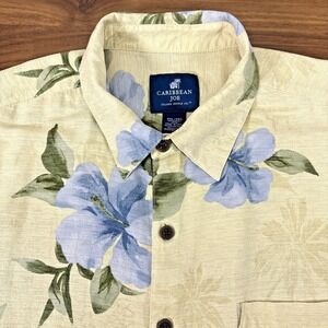 Caribbean Joe Yellow Floral Hawaiian 100% Silk Short‎ Slv Button Dn Shirt XXL